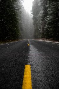 black wet road with yellow dotted center line in evergreen forest